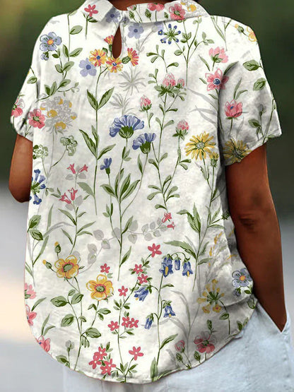 Camila - casual overhemd voor dames van katoen en linnen met retro bloemenprint